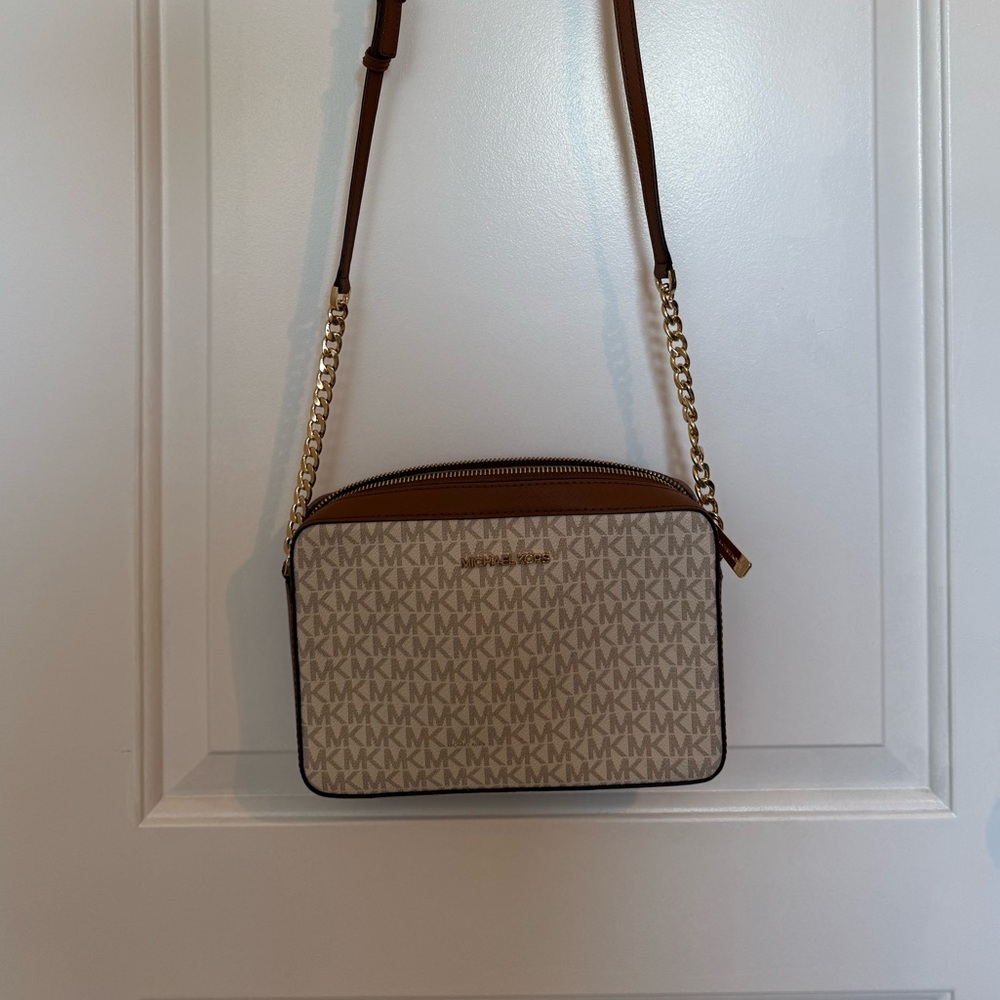 Michael Kors Elegant Brown and Tan Crossbody Bag with Chain Strap